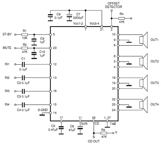 Application Circuit Diagram - STMicroelectronics TDA7388A 4x42W Quad Bridge Car Radio Amplifiers