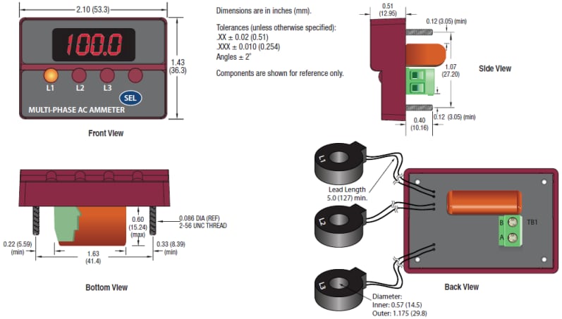 Mechanical Drawing - Murata Power Solutions ACM3P Three-Phase AC Ammeters