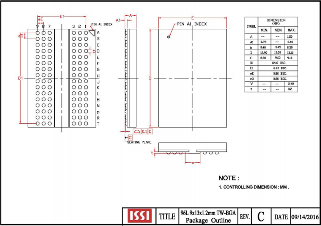 Mechanical Drawing - ISSI IS43/46TR 1-Gbit DDR3 SDRAM with ECC