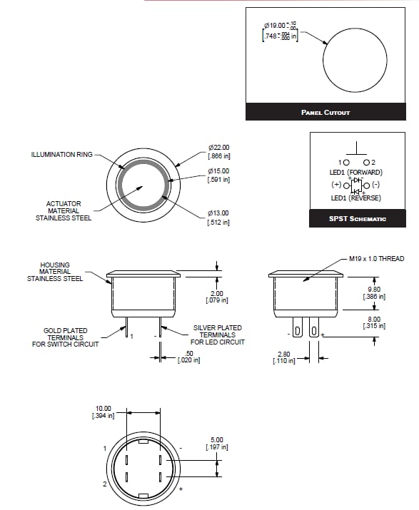 Mechanical Drawing - E-Switch PVT4 Anti-Vandal Switches