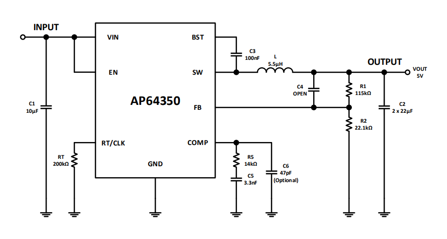 Application Circuit Diagram - Diodes Incorporated AP64350 Buck Converters