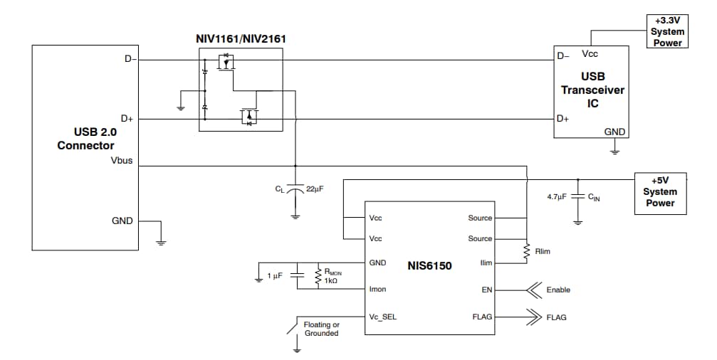 Application Circuit Diagram - onsemi NIS6150/NIV6150 +5V Electronic eFuses