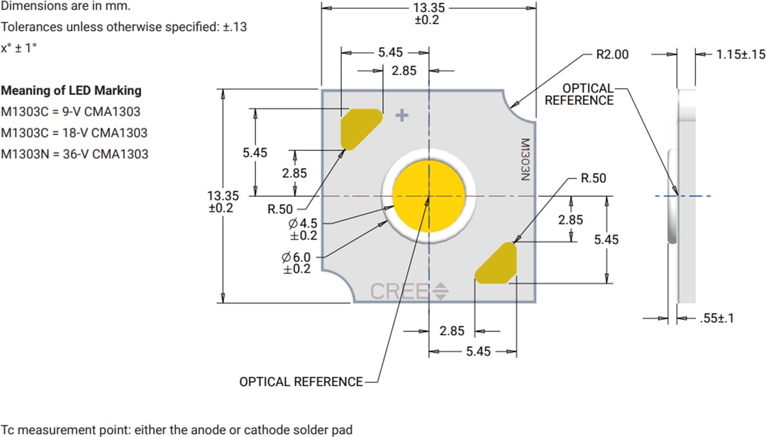 Mechanical Drawing - Cree LED XLamp® CMA1303 High-Current LED Arrays