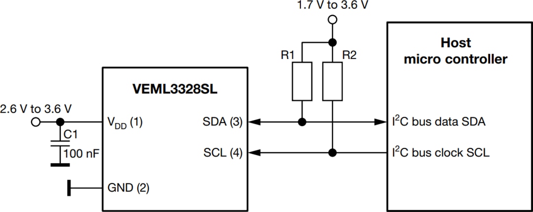 Application Circuit Diagram - Vishay VEML3328 & VEML3328SL RGBCIR Color Sensors