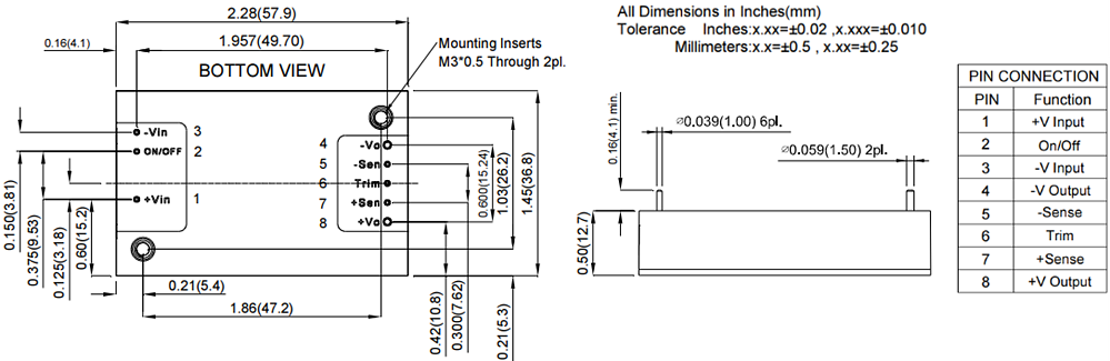 Mechanical Drawing - Cincon CQB100 & CQB150 DC-DC Converters
