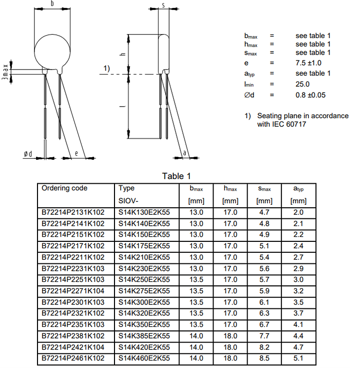 Mechanical Drawing - EPCOS / TDK B72214P Leaded Varistors