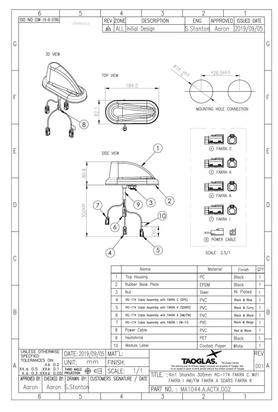 Mechanical Drawing - Taoglas MA1044 4-in-1 Sharkfin Antenna