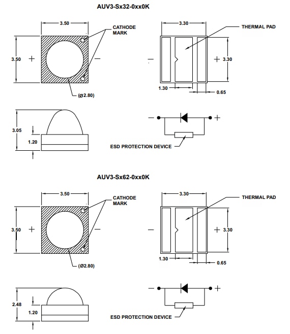 Mechanical Drawing - Broadcom AUV3-Sxx2-0xx0K Surface Mount UV LEDs