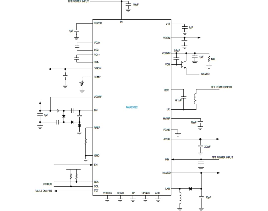 Application Circuit Diagram - Analog Devices Inc. MAX25222 Automotive 4-Channel TFT-LCD Power IC