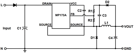 Application Circuit Diagram - Monolithic Power Systems (MPS) MP173A 700V Non-Isolated Offline Regulators