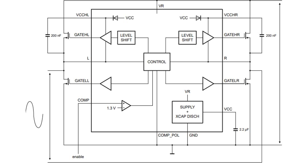 Application Circuit Diagram - NXP Semiconductors TEA2209T Active Bridge Rectifier Controller