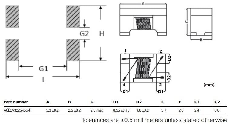 Mechanical Drawing - Eaton ACE2V3225 Common-mode Chip Inductors