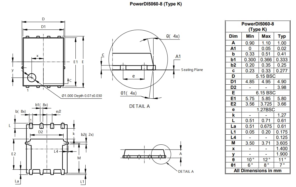 Mechanical Drawing - Diodes Incorporated DMTH41M2SPSQ N-Channel Enhancement Mode MOSFET