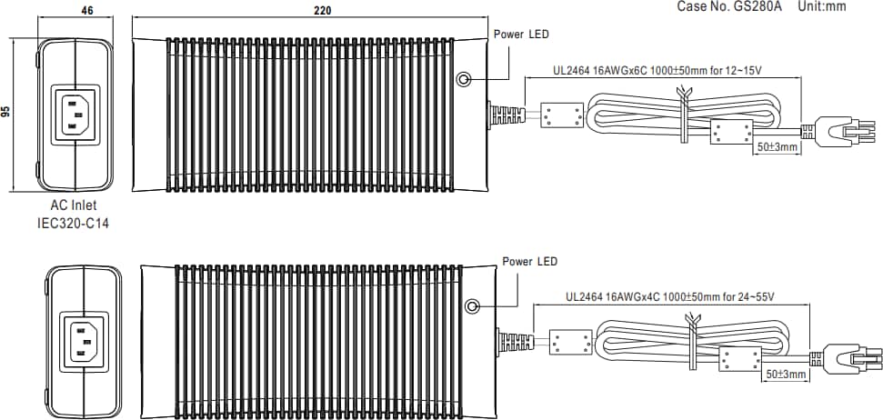 Mechanical Drawing - MEAN WELL GST360A 360W AC-DC Industrial Adapters