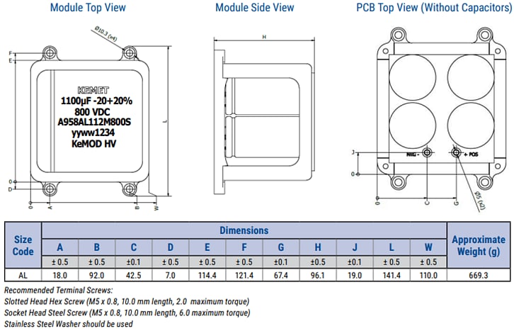 Mechanical Drawing - KEMET +105°C High Voltage AEC Module