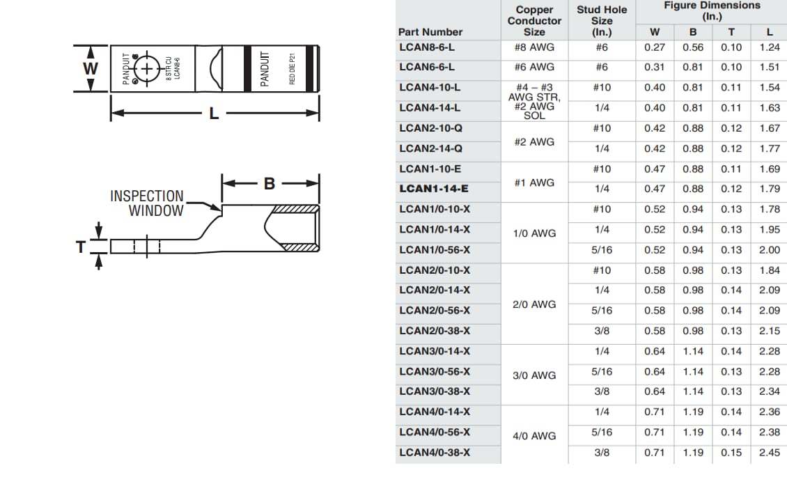 Mechanical Drawing - Panduit LCAN Copper Compression Connectors