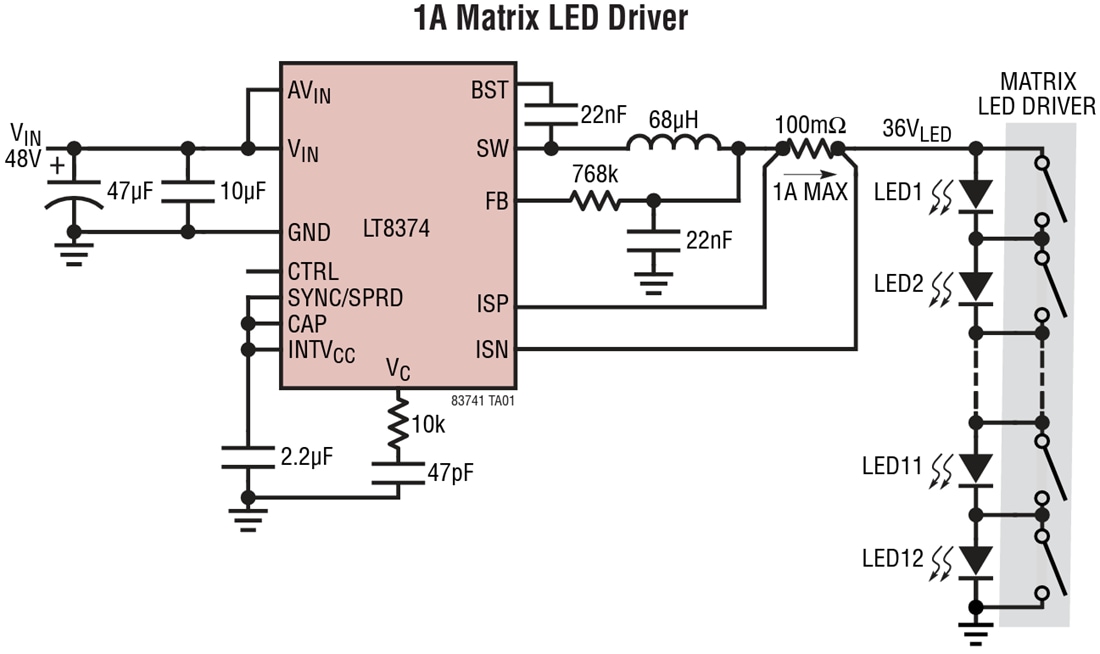 Application Circuit Diagram - Analog Devices Inc. LT8374 Synchronous Step-Down LED Drivers