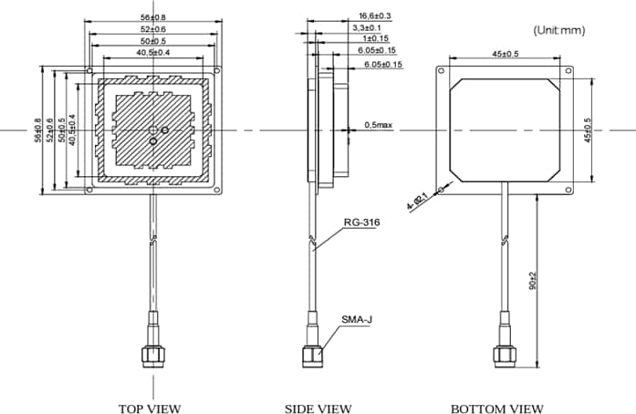 Mechanical Drawing - Abracon APKG5012GD Active GNSS Dual-Band Antenna