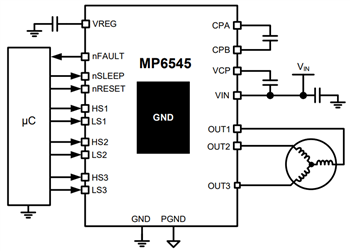 Application Circuit Diagram - Monolithic Power Systems (MPS) MP6545 & MP6545A Three-Phase Power Stage ICs