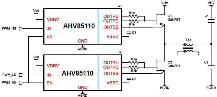 Application Circuit Diagram - Allegro MicroSystems AHV85110 Isolated GaNFET Gate Drivers
