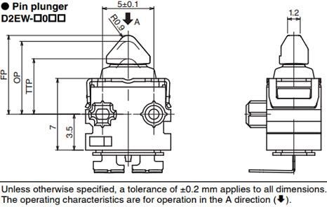 Mechanical Drawing - Omron Electronics D2EW Sealed Ultra-Subminiature Basic Switches