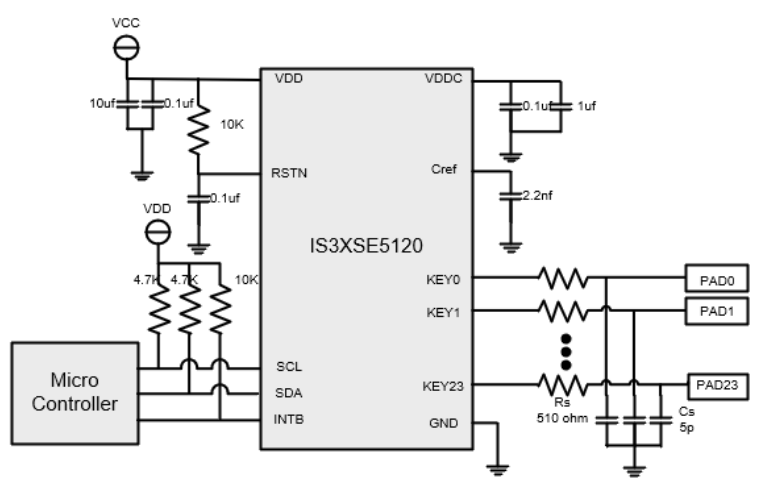 Application Circuit Diagram - Lumissil IS32SE5120 Programmable Capacitive Touch Sensor