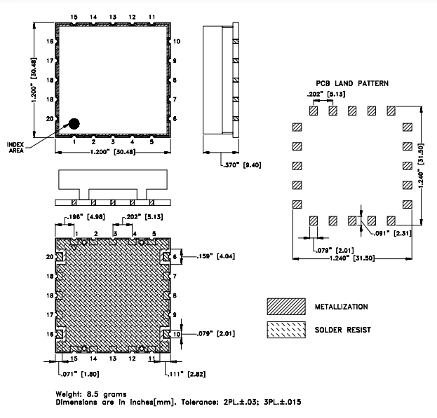 Mechanical Drawing - Mini-Circuits TPLX-E3000+ Lumped LC Surface Mount Triplexer