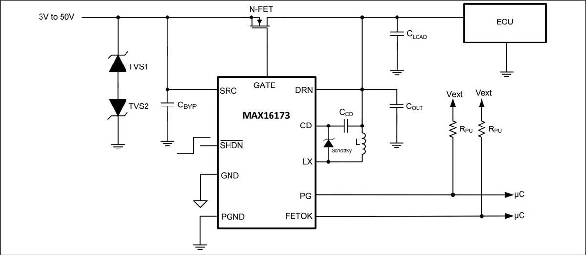 Application Circuit Diagram - Analog Devices / Maxim Integrated MAX16173 Ideal Diode Controllers