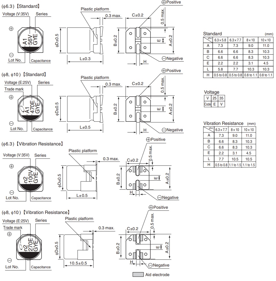 Mechanical Drawing - Nichicon GYE Conductive Polymer Hybrid Capacitors