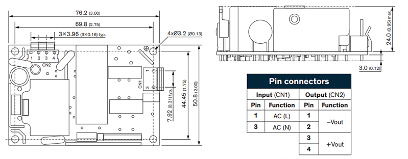Mechanical Drawing - TRACO Power TXO 45W/60W/120W/300W AC/DC Power Supplies