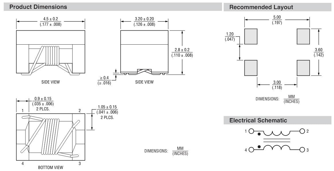 Mechanical Drawing - Bourns SRF4532TA Series Common Mode Chip Inductors