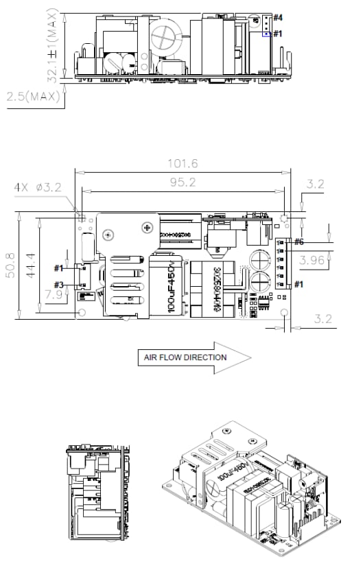 Mechanical Drawing - Advanced Energy / SL Power NCF150 150W Medical AC-DC Power Supplies