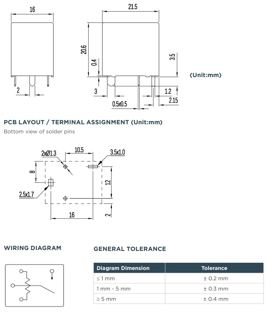 Mechanical Drawing - TE Connectivity T9F Power PCB Relays