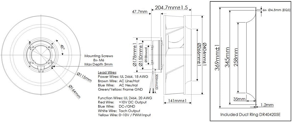 Mechanical Drawing - Orion Fans OEC404205 Series 404x204.7mm EC Centrifugal Fans