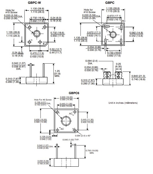 Mechanical Drawing - Vishay Semiconductors GBPCx Single-Phase Bridge Rectifiers