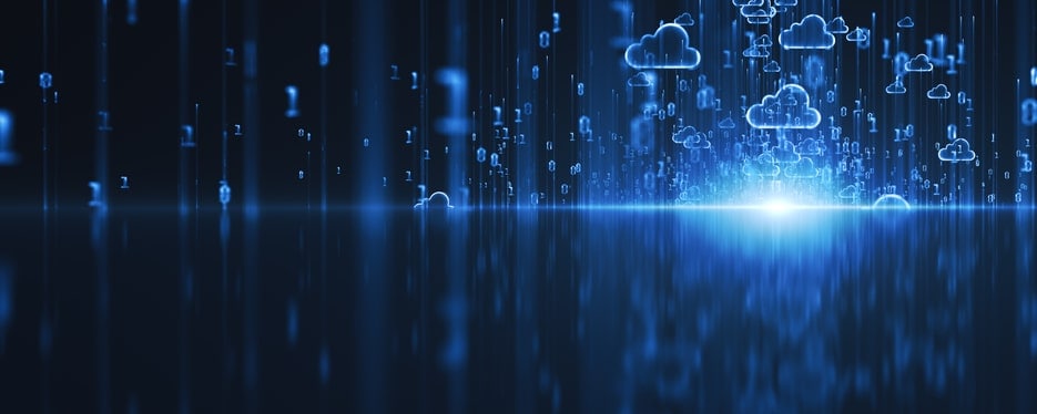 blue light on a black horizon with ones and zeros floating with cloud symbols in the sky