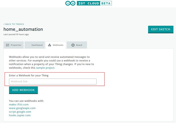 Adding the webhook link to the Arduino IoT Cloud