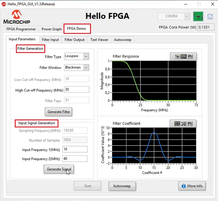 Entering the input parameters for filter and input signal generation